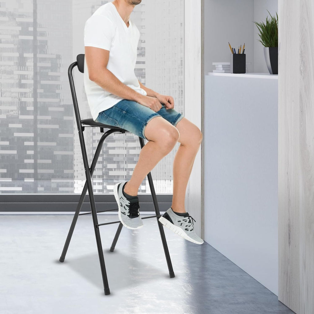 Folding Bar Stool with Back, 1 Pcs 27.6 Inch Tall Foldable Stool Chair Portable High Folding Bar Chair Counter Height Seat Leather Padded for Kitchen Shop Cafe Dining Room
