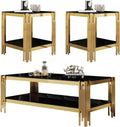 Henf 3-Piece Black Glass Living Room Table Set, 2-Tier Glass Coffee Table & 2 End Tables, Luxury Gold Coffee Table Set of 3 with Shining Golden Frame for Living Room Apartment Office