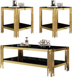 Henf 3-Piece Black Glass Living Room Table Set, 2-Tier Glass Coffee Table & 2 End Tables, Luxury Gold Coffee Table Set of 3 with Shining Golden Frame for Living Room Apartment Office