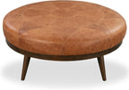 POLY & BARK Gio Ottoman – 30” Round with Feather-Down Topper – Full-Grain Leather Upholstery – Couch Ottoman for Living Room – Vintage Italian Leather in Cognac Tan
