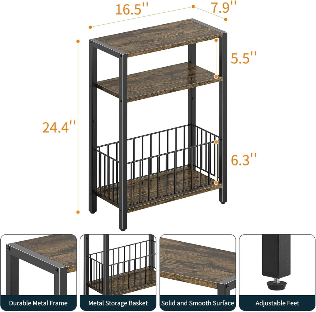 Yoobure Narrow Side Table with Storage Basket, Small End Table for Small Spaces Skinny Side Tables Living Room Bedroom, Slim Nightstand 3 Tier Bedside Table Space-Saving for Magazine, Rustic Brown