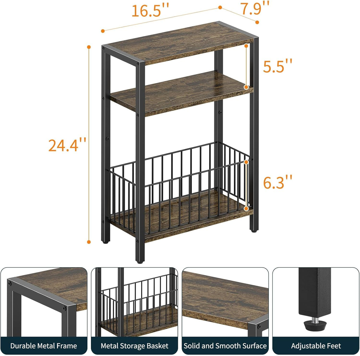 Yoobure Narrow Side Table with Storage Basket, Small End Table for Small Spaces Skinny Side Tables Living Room Bedroom, Slim Nightstand 3 Tier Bedside Table Space-Saving for Magazine, Rustic Brown