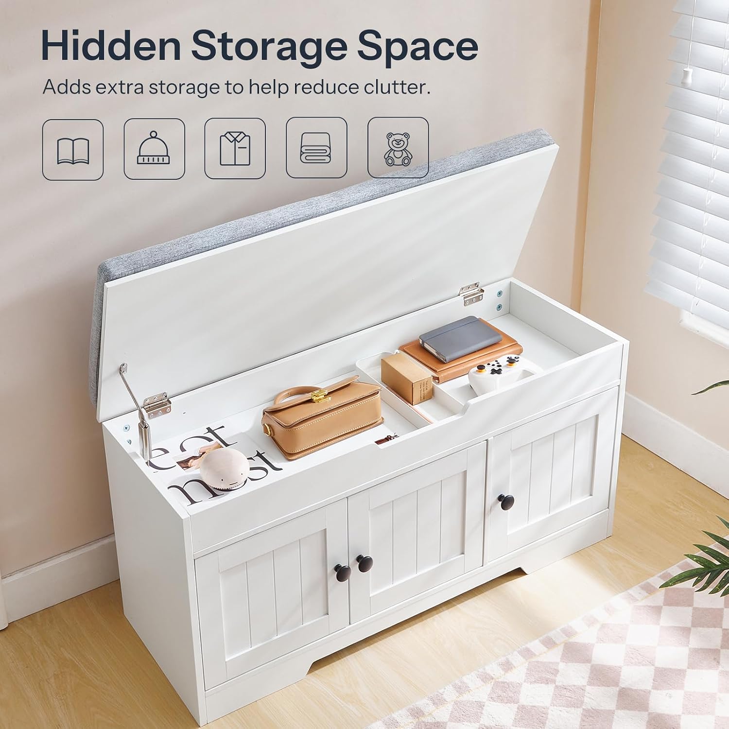 HOOBRO 39.4" Long Entryway Bench with Flip-Top Storage, 3 Tier Shoe Storage Bench with Thickened Padded Seat Cushion, Wooden Shoe Bench with 3 Barn Doors & Adjustable Shelf, White and Gray WG35HX01