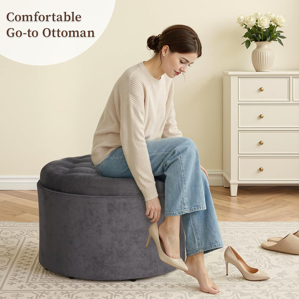 ONBRILL 24" Round Ottoman Coffee Table, Storage Ottoman with Lift-Off Lid | Large Size, Sturdy Steel Frame, 15.4" Height Foot Stool（Better for Low-Profile Sofa), Extra Seat, Entryway Shoe Bench