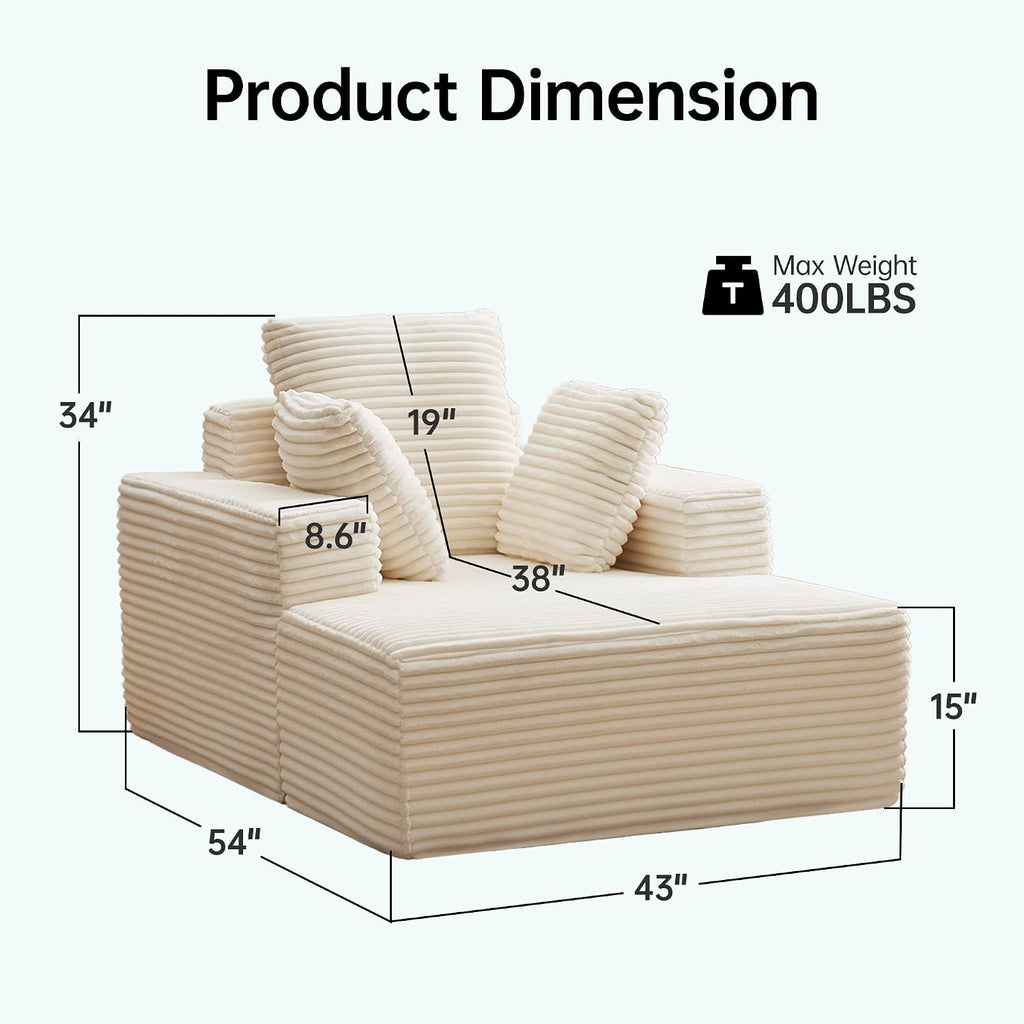 Chaise Lounge Chair, 54" Oversized Cloud Couch Sofa with Deep Seat, Plush Corduroy Reading Chair for Living Room, Bedroom, Reading Nook, Apartment, Gaming Room & Movie Nights, Beige
