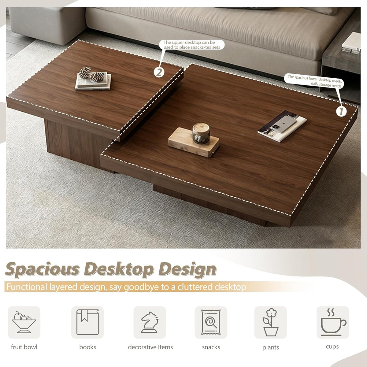 Nesting Coffee Table Set of 2, Modern Square Coffee Tables and Side Table Set, Full Floor Structure, Small Wooden Living Room Table for Living Room, Office, Reception Room