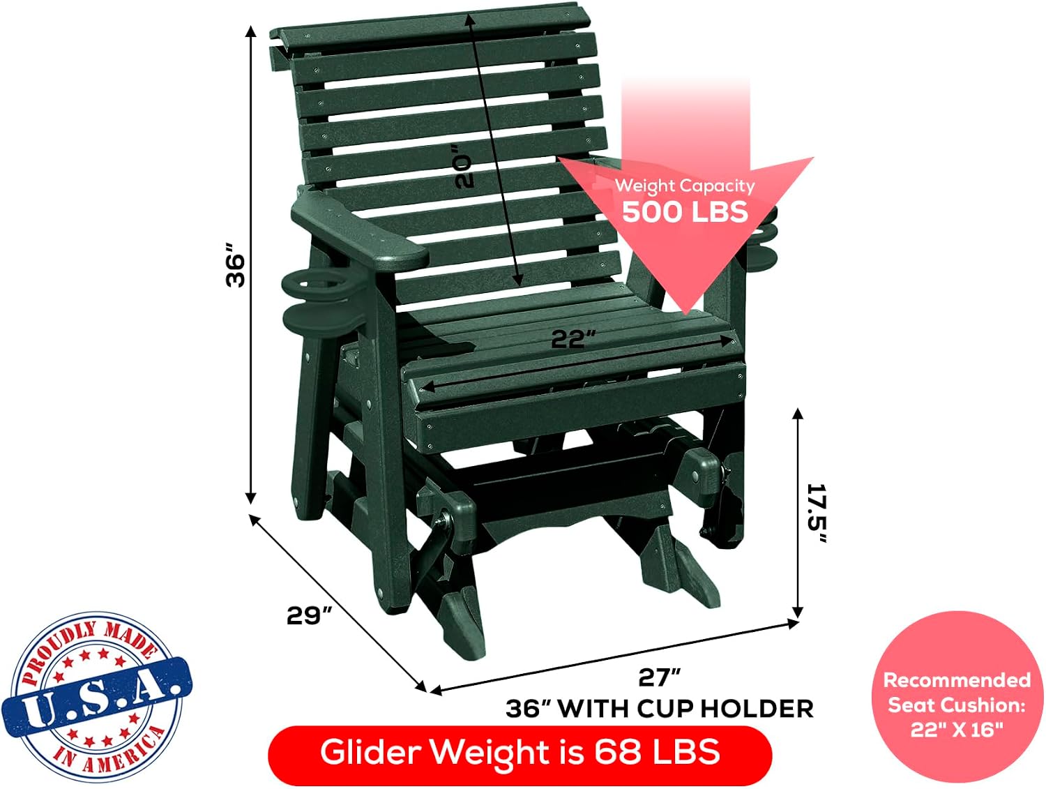 Amish Craftsmanship Made in USA 2FT Heavy Duty Poly Lumber Wood Porch Glider Premium Colors HDPE with No wood fibers Lancaster Series Rollback design 500 lbs Limit With Cupholders Solid-Green
