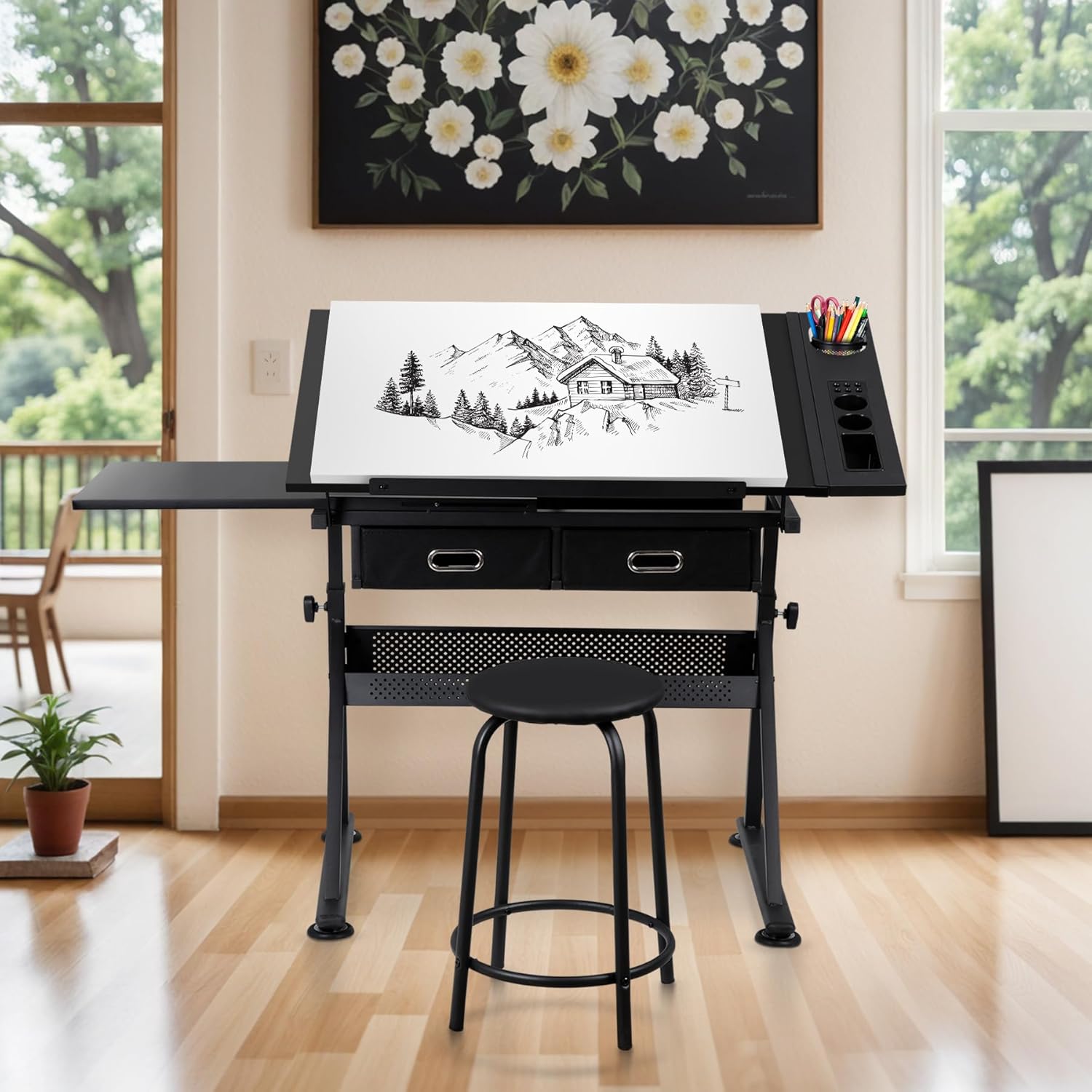 LEMY Drafting Table Art Desk, Height Adjustable Drawing Table Tilting Tabletop Work Station with Stool and Storage Drawer for Home, Office, Writing, Black