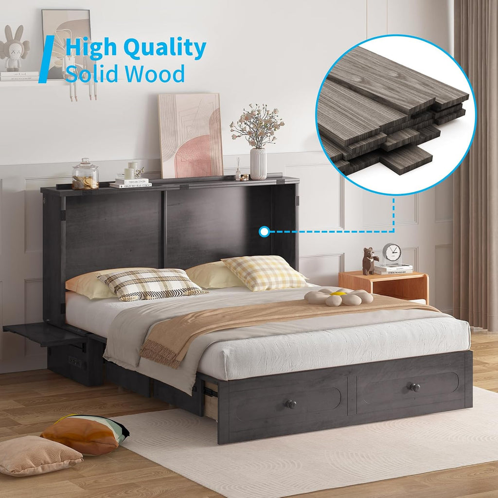 Mjkone Queen Murphy Bed Cabinet with Tri-fold Mattress, Cabinet Bed with Built-in Charging Station, Storage Drawer, Solid Wood Cabinets Bed, Cube Murphy Chest Beds for Guest Room, Home, Office, Grey