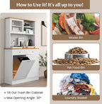 68" Tall Kitchen Pantry Cabinet, Freestanding Kitchen Hutch w/Tilt Out Trash Can Cabinet, Microwave Countertop, Sliding Glass Door, Wooden Dining Room Cupboard