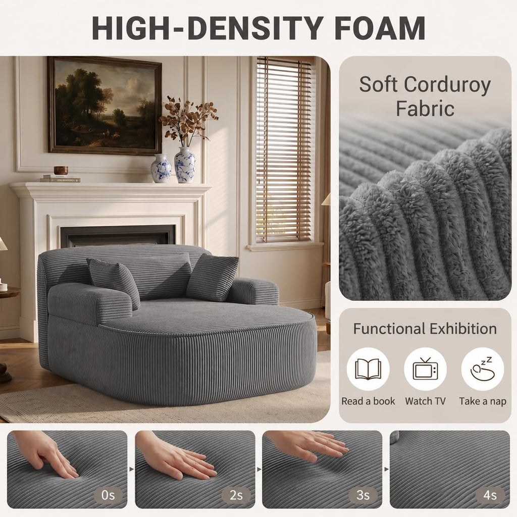 Oversized Chaise Lounge Chair Indoor, Couch Cloud Chair with 3 Comfy Pillows, Corduroy High-Density Foam Reading Chair, Wide Arms Bed Sleeper Sofa for Living Room Bedroom Relaxing