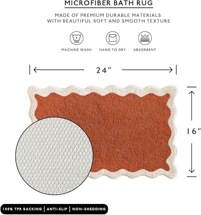 MONDAY MOOSE Bath Mat with Scalloped Wavy Ripple Design, Microfiber Absorbent Non Slip Tufted Rug for Floor, Shower or Kitchen (16x24 inch, Terracotta)