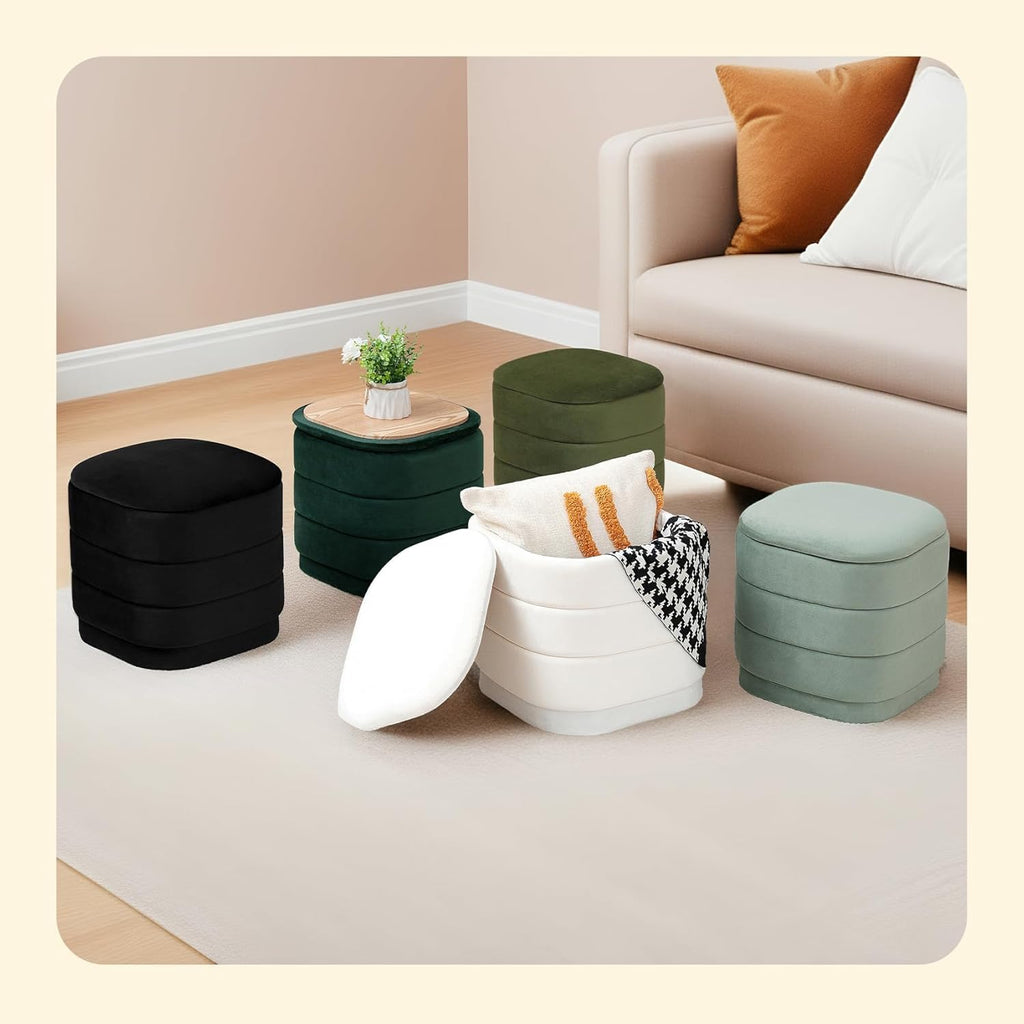 PINPLUS Ottoman with Stroage Square Velvet Ottoman and Tray Removable Foot Rest Coffee Table for Dorm, Living Room,White 15" D x 15" W x 15" H