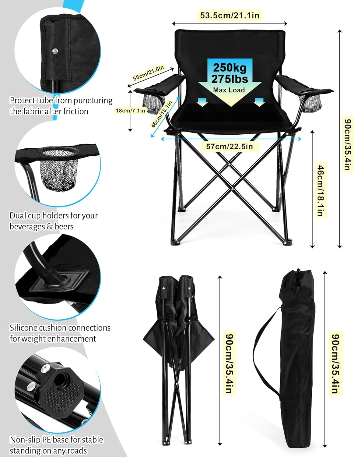 2PCS Camping Chairs with Detachable Umbrella, HaSteeL Folding Beach Chair for Adults, Large Portable Foldable Chair for Outdoors Fishing Hiking Travel Picnic Lawn, Supports 275lbs, Storage Bags, Black