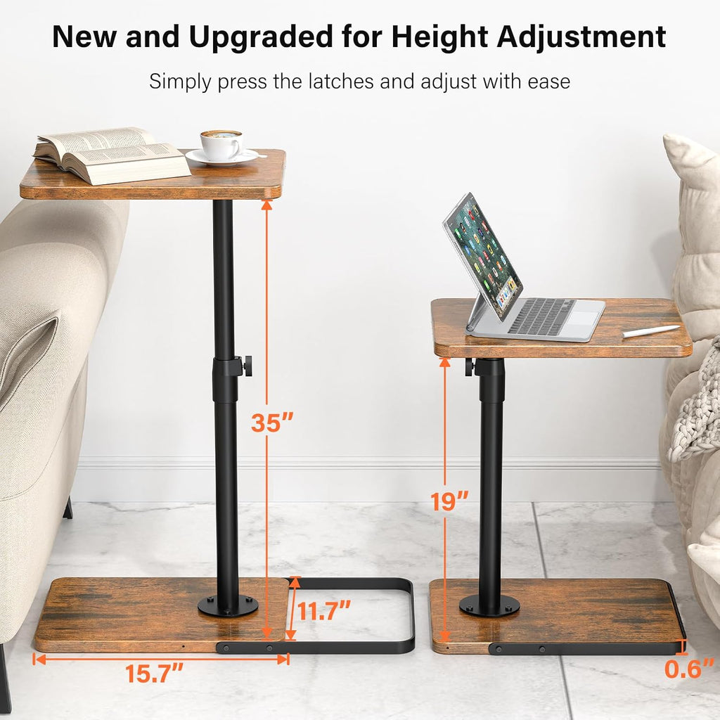 TV Tray Table for Couch - Adjustable Height & 360°Swivel Panel Design，Larger Metal and Wooden Base to Prevent Slipping，Sofa Armrest Tray Table for Eating Laptop Couch Bed Dinner or Small Space