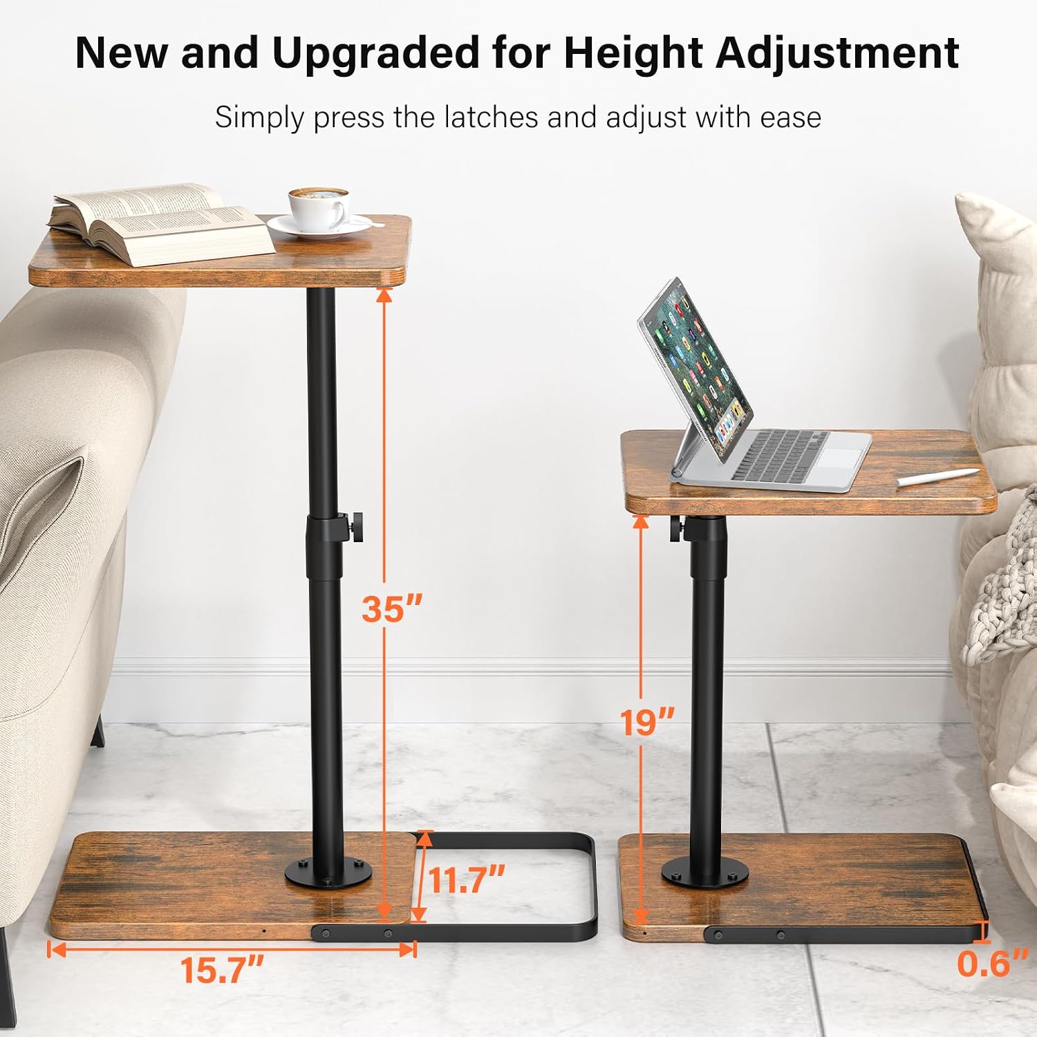 TV Tray Table for Couch - Adjustable Height & 360°Swivel Panel Design，Larger Metal and Wooden Base to Prevent Slipping，Sofa Armrest Tray Table for Eating Laptop Couch Bed Dinner or Small Space
