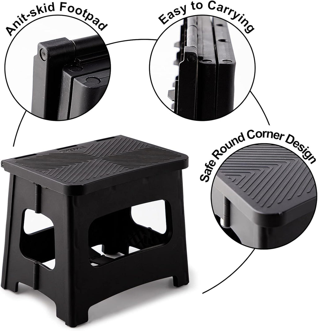 Folding Step Stool, 9 Inch Anti Slip Collapsible Stool Holds Up to 300 lbs, Sturdy Plastic Non Slip Lightweight Foot Stools Foldable for Kitchen, Bathroom, Home Use and Camping