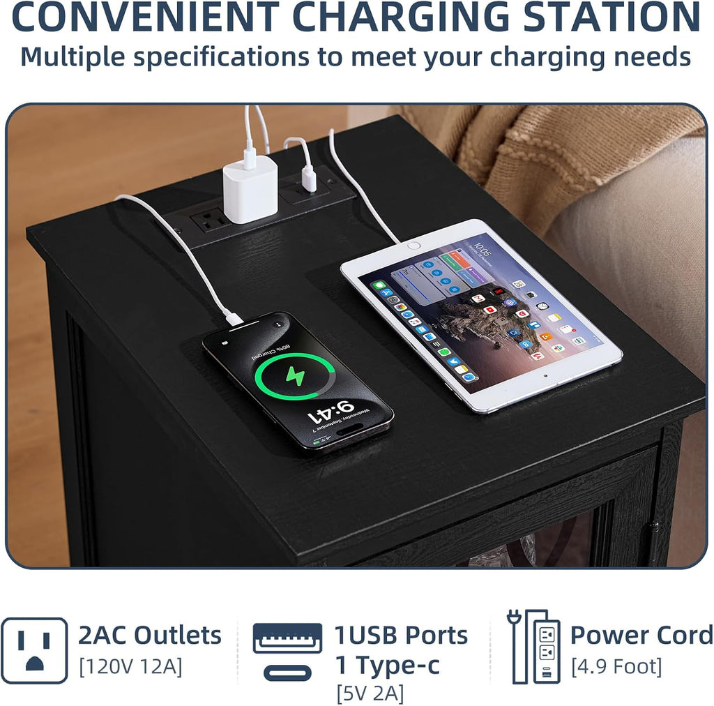 Joaxswe Narrow Side Table with Charging Station Set of 2, Night Stand with Glass Door,Bedside End Tables with Adjustable Shelf Storage Cabinet,Wood Nightstand for Small Spaces Living Room Bedroom