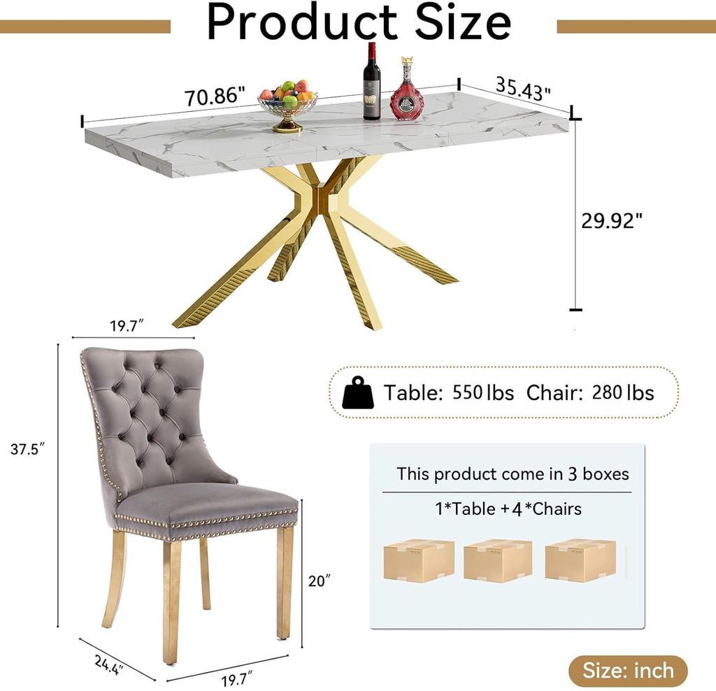 5 Piece Marble Dining Set for 4, 70.87" Rectangular Dining Room Table with 4 Grey Velvet Chairs, Gold Stainless Steel Frame, Luxury Modern Kitchen Table Set for Dining Room, Easy Assembly