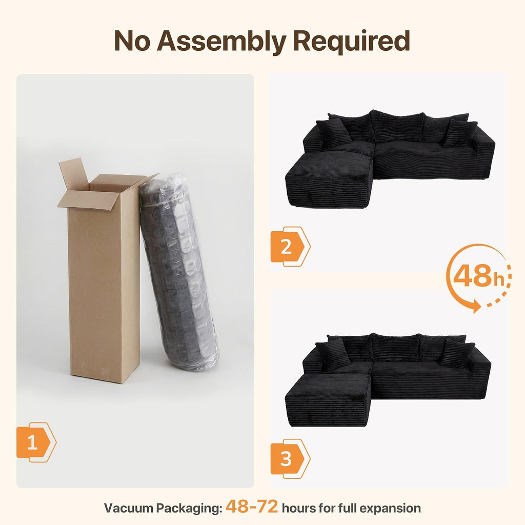 Claiks 94" Couch, L-Shape Corduroy Sectional Sofa, Black | Flexible Module Combination for Living Room, No Assembly, Deep Seat,Stain Resistant Abrasion, Apartment, Includes 1 Ottoman