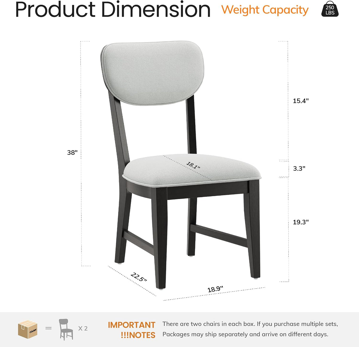COLAMY Solid Wood Dining Chairs Set of 6, Mid Century Modern Upholstered Kitchen Chairs with 3.3" Thick Cushion, Farmhouse Dining Room Chairs with Level Legs & Wire-Brushed Finish, Black