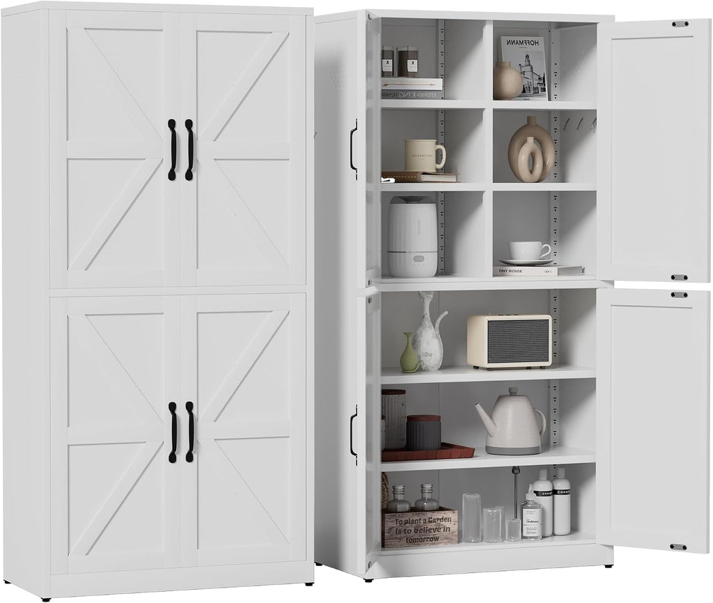 White Steel Kitchen Pantry Storage Cabinet with Adjustable Shelves, Heavy Duty Country Style Metal Storage Cabinet for Kitchen Bathroom Living Room