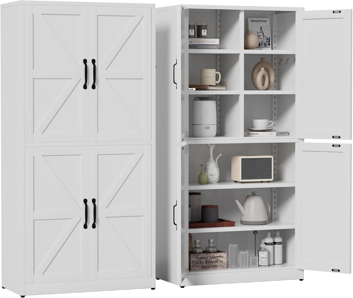 White Steel Kitchen Pantry Storage Cabinet with Adjustable Shelves, Heavy Duty Country Style Metal Storage Cabinet for Kitchen Bathroom Living Room