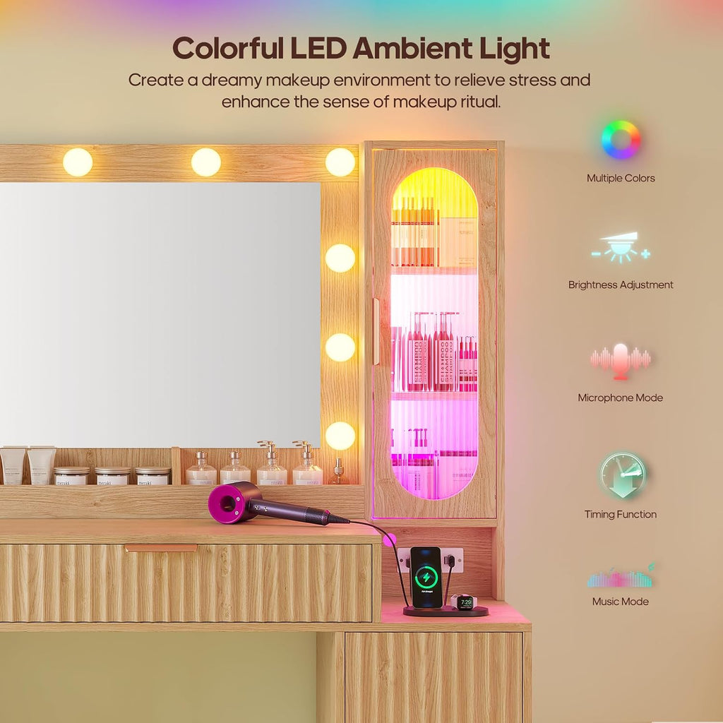 BTHFST Fluted Wood Vanity Desk with Large 31.5" Mirror and Lights, Oak | 46.1" Makeup Vanity with Charging Station, Glass Cabinet with RGB Lights, Dressing Table with 6 Drawers & Cabinet & Shelves