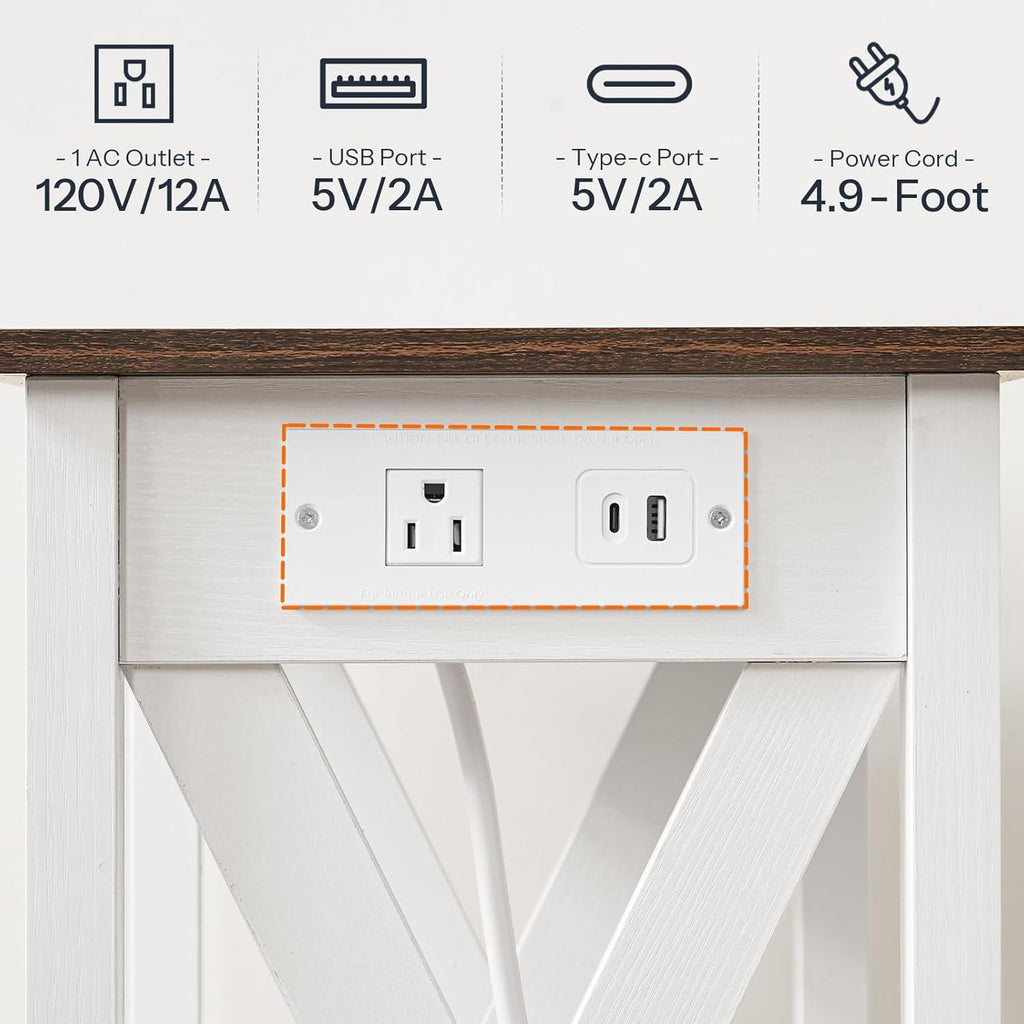 HOOBRO End Table with Charging Station, Farmhouse Narrow Side Table, 2-Tier with Storage Shelves, Slim Nightstand for Small Spaces, Living Room, Bedroom, White and Walnut WH360UBZ01