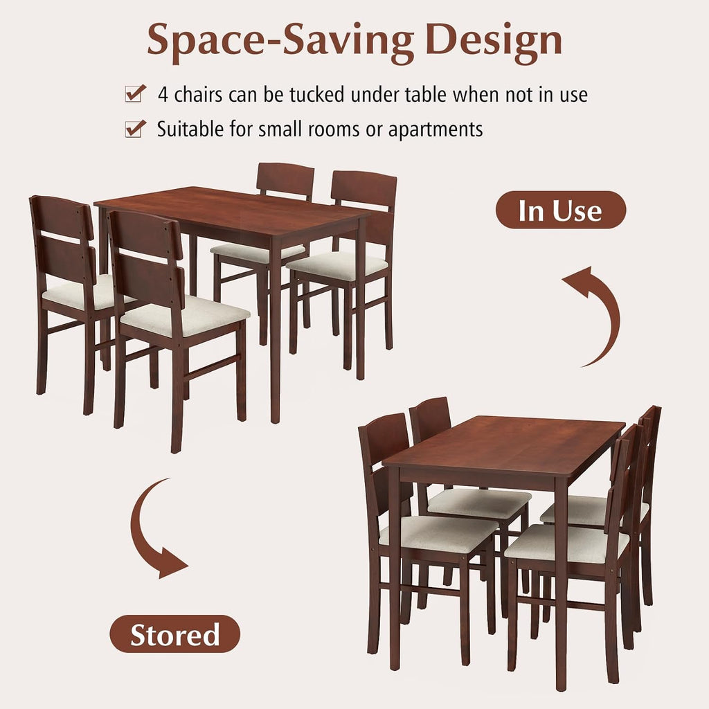 GOFLAME 5-Piece Dining Table Set for 4, Farmhouse Wooden Kitchen Table & 4 Upholstered Chairs with Padded Seat and Rubber Wood Legs, Space Saving Dinette Set for Dining Room, Restaurant, Small Space