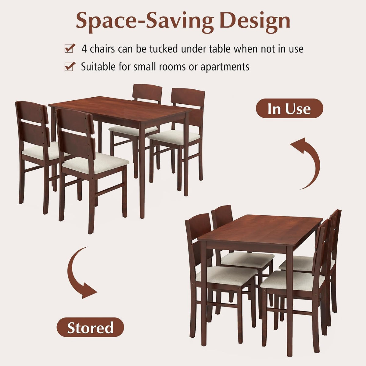 GOFLAME 5-Piece Dining Table Set for 4, Farmhouse Wooden Kitchen Table & 4 Upholstered Chairs with Padded Seat and Rubber Wood Legs, Space Saving Dinette Set for Dining Room, Restaurant, Small Space