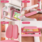 Kids Desk and Chair Set, Height Adjustable Kids Study Desk with Bookshelf and Storage Drawer, 50 Degree Tiltable Desktop Children’s Table and Chairs for Bedroom Study Room Pink