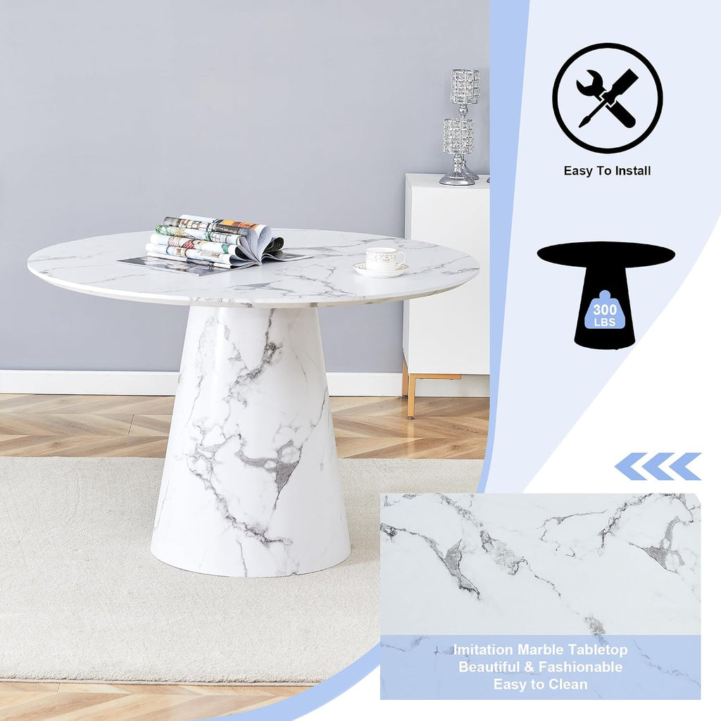 JUFU Round Dining Table Set for 4, 45" Modern Faux Marble Kitchen Table and Upholstered Chairs, 5 Piece Small Circle Dinette Set for Dining Room, Kitchen