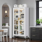 65" Metal Kitchen Cabinet with Transparent Doors, 6-Tier Rolling Pantry Cabinet on Wheels - Sturdy Adjustable Shelves, Mobile Storage Buffet Cabinet for Kitchen, Living Room, Dining Room(White)