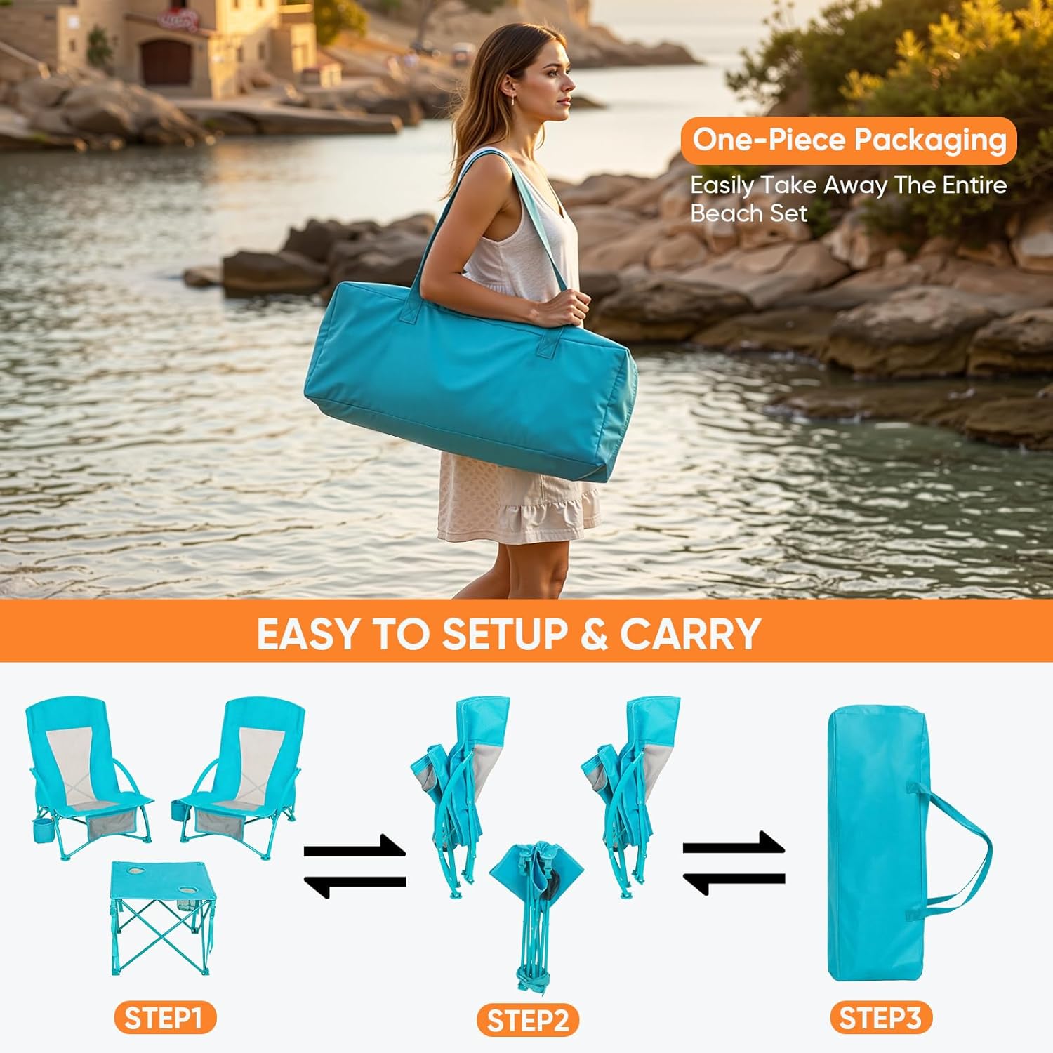 Folding Beach Chair Set of 3, Portable Camping Chairs with Table, Carrying Bag, Cup Holders, Outdoor Breathable Mesh Seat, 225lbs Heavy Duty Beach Chair for Camp Sand Travel Sunbathing
