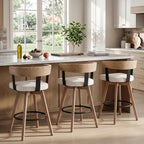 Ya-Home Mid-Century Bar Stools Set of 3, 26 Inch Swivel Counter Height Stools Linen Fabric Barstools with Barrel Backrest Wooden Legs for Kitchen Island Dining Room, White