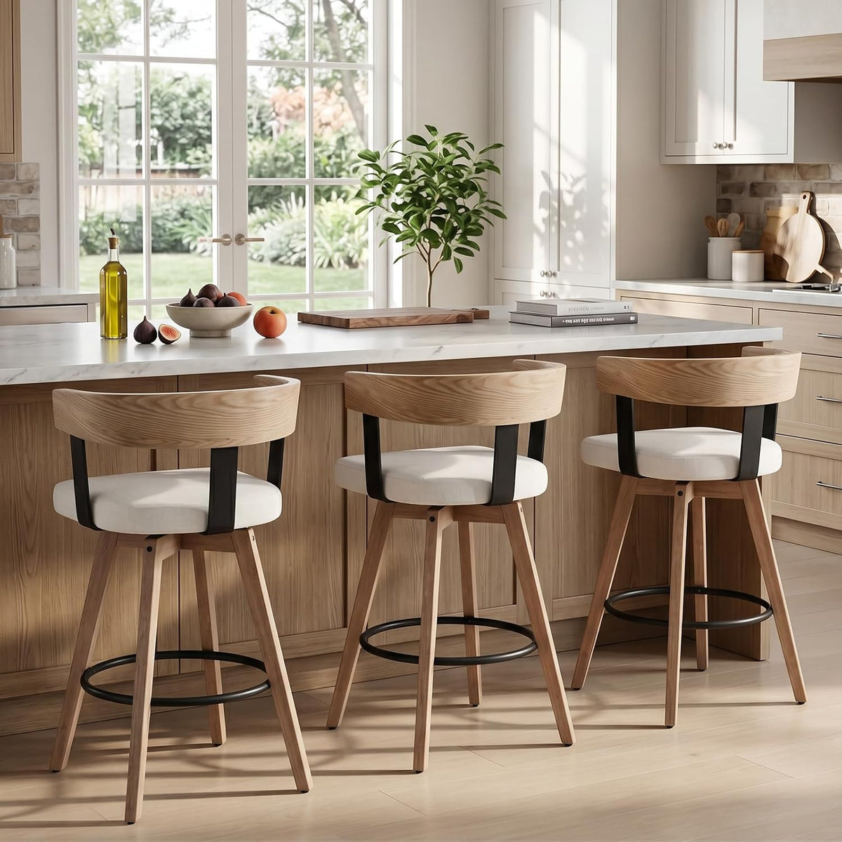 Ya-Home Mid-Century Bar Stools Set of 3, 26 Inch Swivel Counter Height Stools Linen Fabric Barstools with Barrel Backrest Wooden Legs for Kitchen Island Dining Room, White