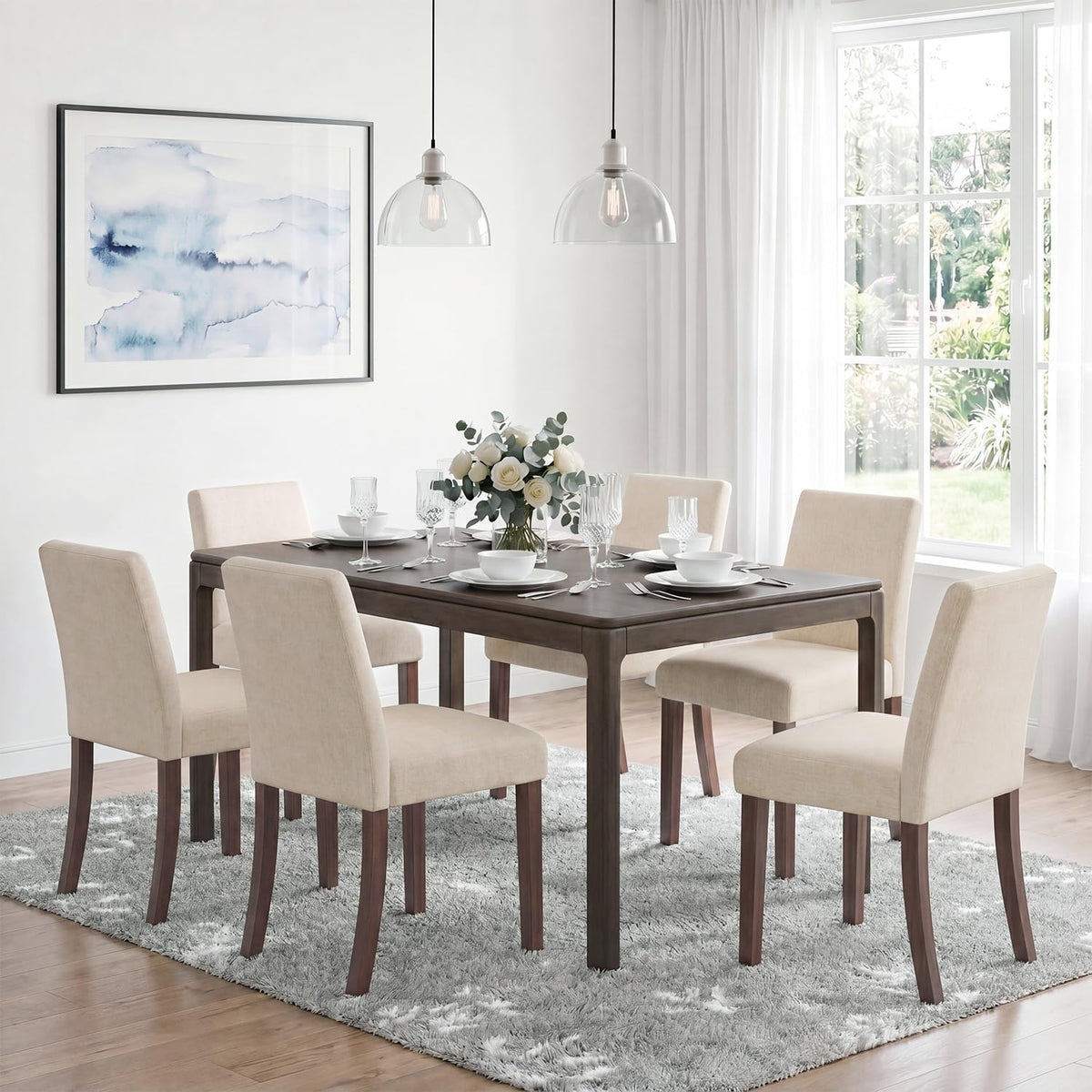 Upholstered Dining Chairs Set of 6, Mid-Century Dining Room Chairs with Wooden Legs, Farmhouse Fabric Parsons Chairs for Small Space Restaurant & Cafe- Beige