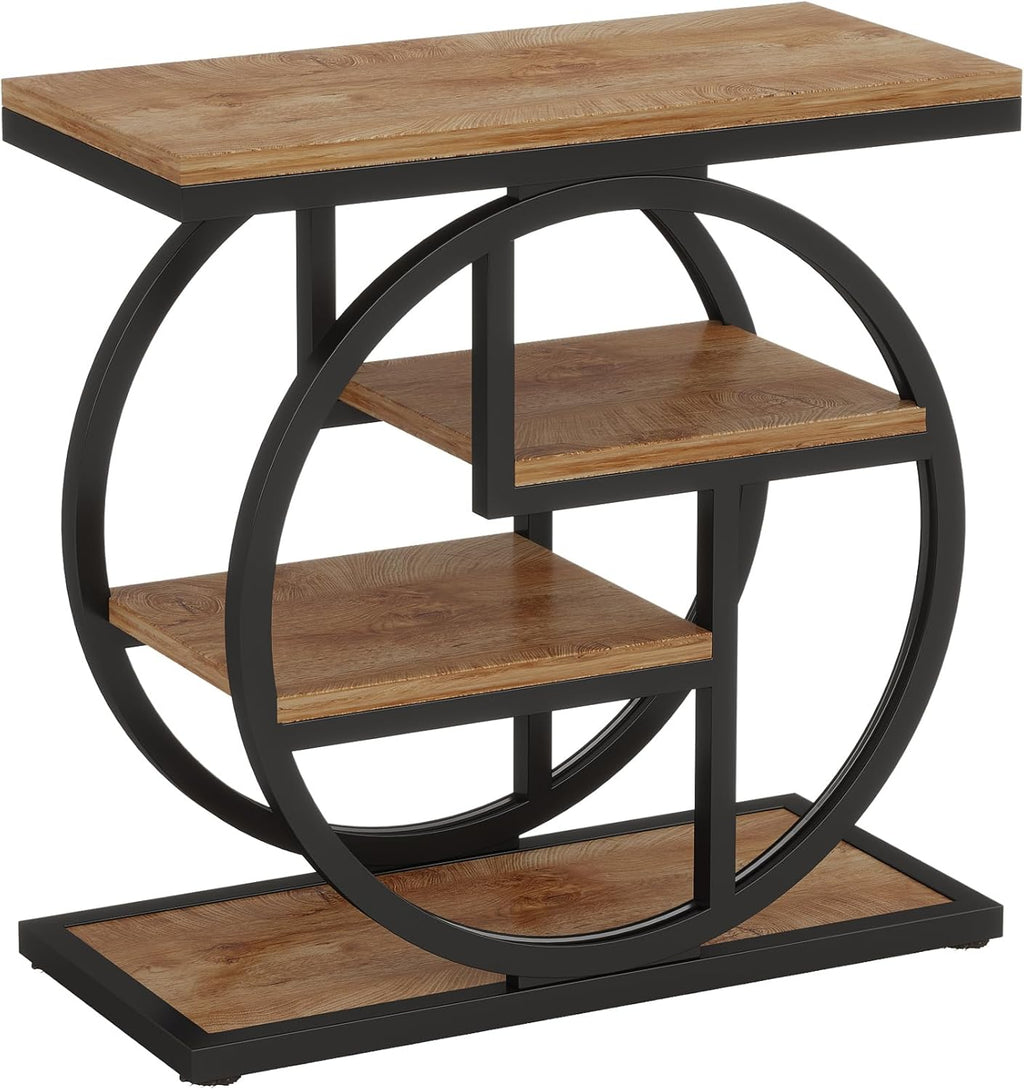 Tribesigns End Table for Living Room, 4-Tier Narrow Side Table with Storage Shelves, Industrial Bedside Table for Bedroom, Wood Small Sofa Side Table with Geometric Metal Frame (1 PC, Natural Brown)