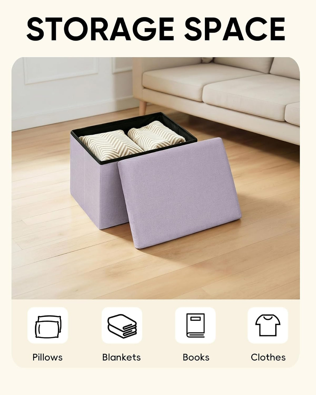 PINPLUS Flat Top Folding Linen Storage Ottoman 16.5", 36L Collapsible Storage Cube with Lid, 250 lbs Load Capacity, Fabric Foot Rest Seat for Living Room, Bedroom, Closet,Light Purple