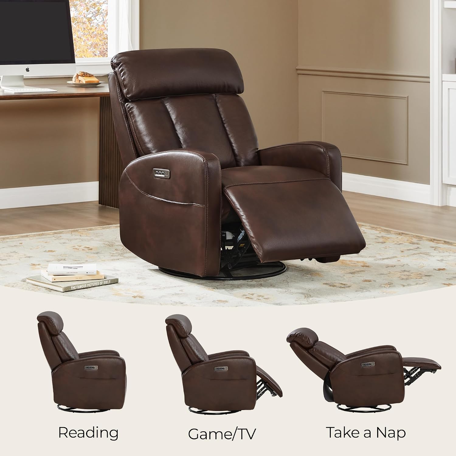 CHITA Genuine Leather Power Recliner Chair, Swivel Rocker, Cognac Brown | Electric Triple Motor Rocker Recliner for Living Room with Adjustable Headrest / Lumbar Support, USB & Type-C Charging Ports