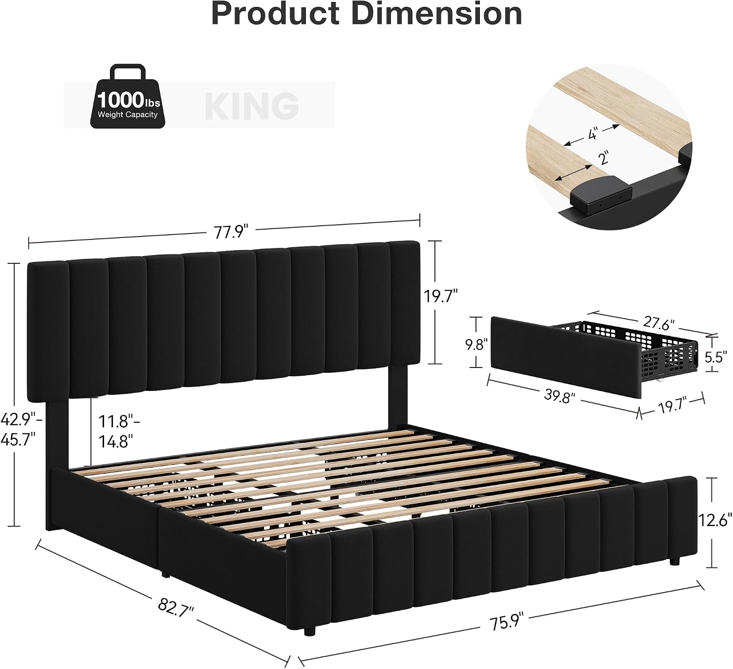 Garvee King Size Bed Frame, Linen Bed Frame with 4 Storage Drawers, Black