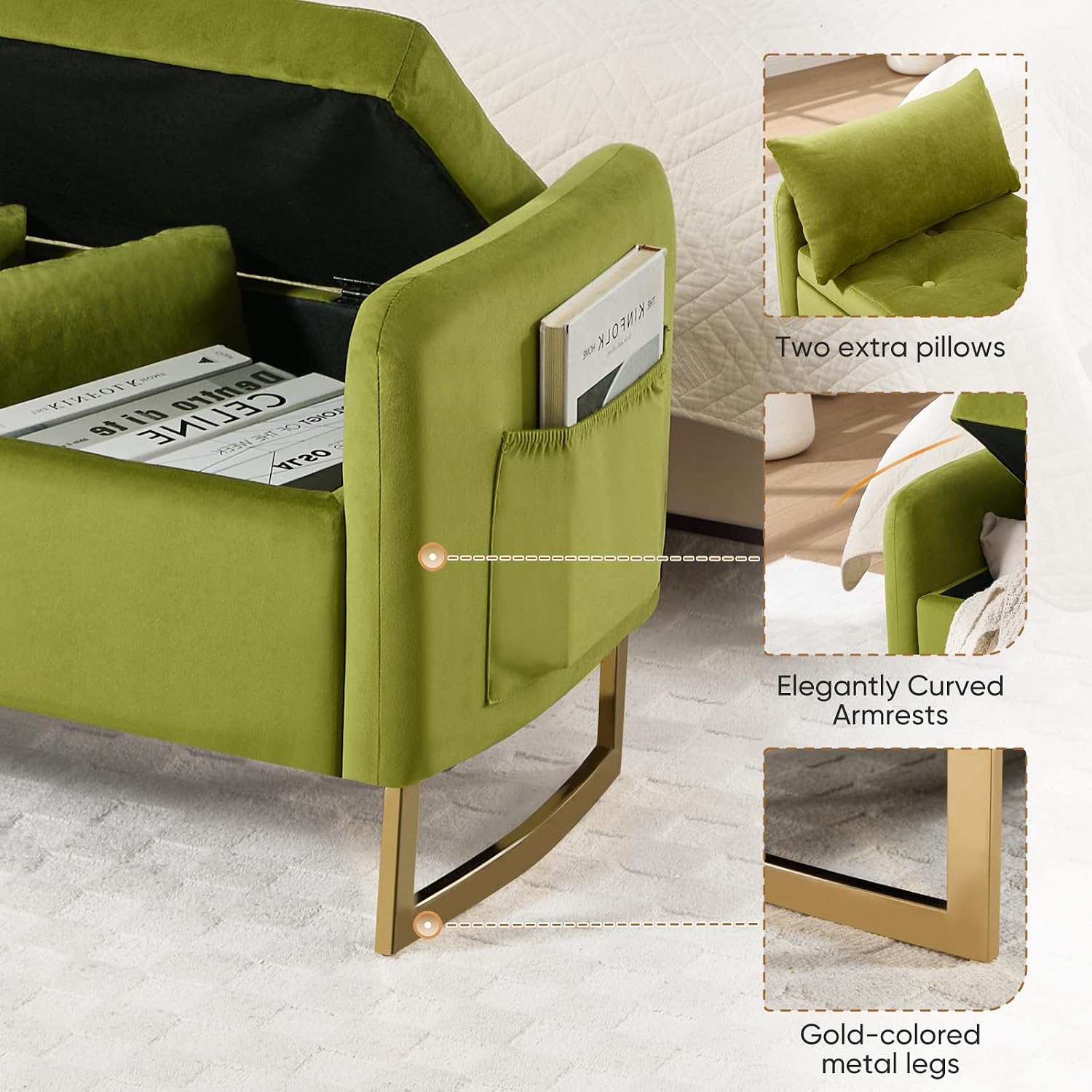 48" End of Bed Bench, Modern Storage Benches with Button-Tufted, Velvet Upholstered Storage Ottoman Bench for Foot of Bed with Arms, Gold Legs Window and Entryway, Olive Green