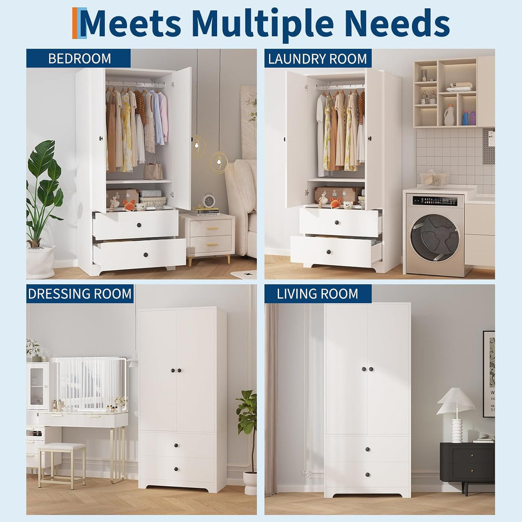 Garvee 71" Armoire Wardrobe Closet, Modern Wooden Bedroom Armoire with 2 Drawers & 2 Doors and Adjustable Shelves，Clothing Storage Cabinet with Aluminum Hanging Rod, Locker