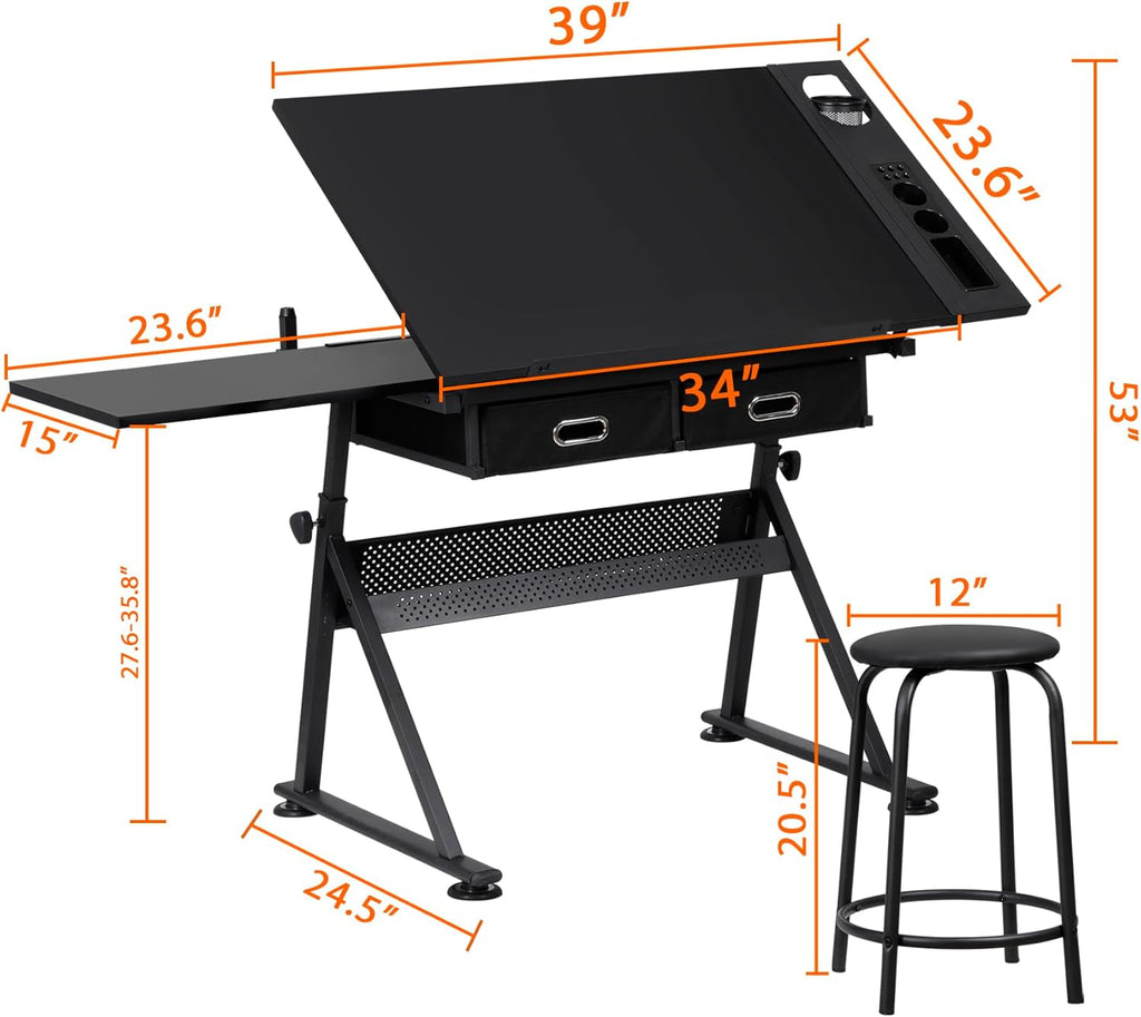 LEMY Drafting Table Art Desk, Height Adjustable Drawing Table Tilting Tabletop Work Station with Stool and Storage Drawer for Home, Office, Writing, Black