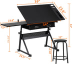 LEMY Drafting Table Art Desk, Height Adjustable Drawing Table Tilting Tabletop Work Station with Stool and Storage Drawer for Home, Office, Writing, Black
