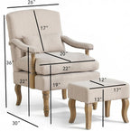Accent Chair with Ottoman, Farmhouse Upholstered Armchair with Removable Thick Cushion & Lumbar Pillow, Wood Turned Legs, Comfy Reading Chair for Living Room Bedroom, Natural Beige