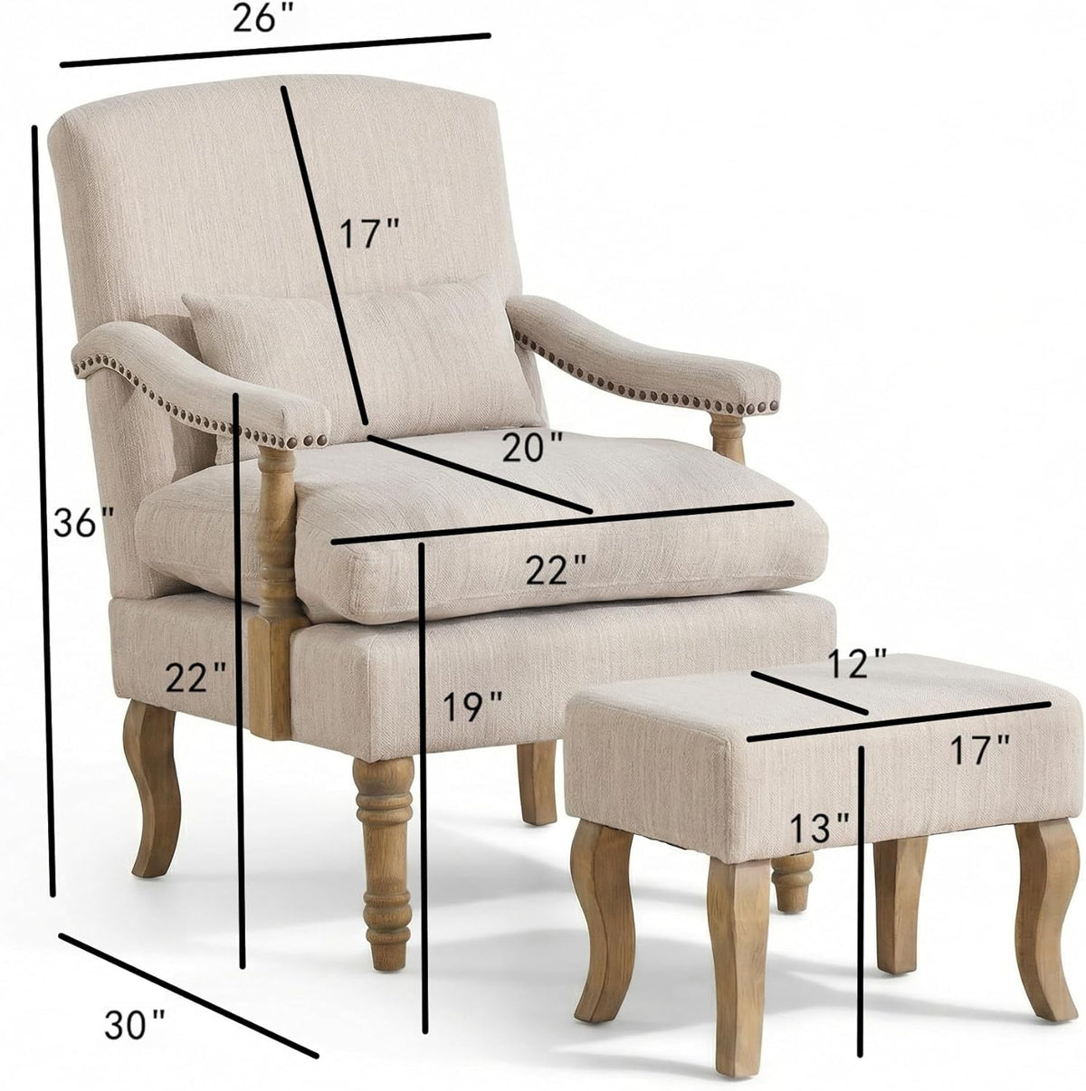 Accent Chair with Ottoman, Farmhouse Upholstered Armchair with Removable Thick Cushion & Lumbar Pillow, Wood Turned Legs, Comfy Reading Chair for Living Room Bedroom, Natural Beige