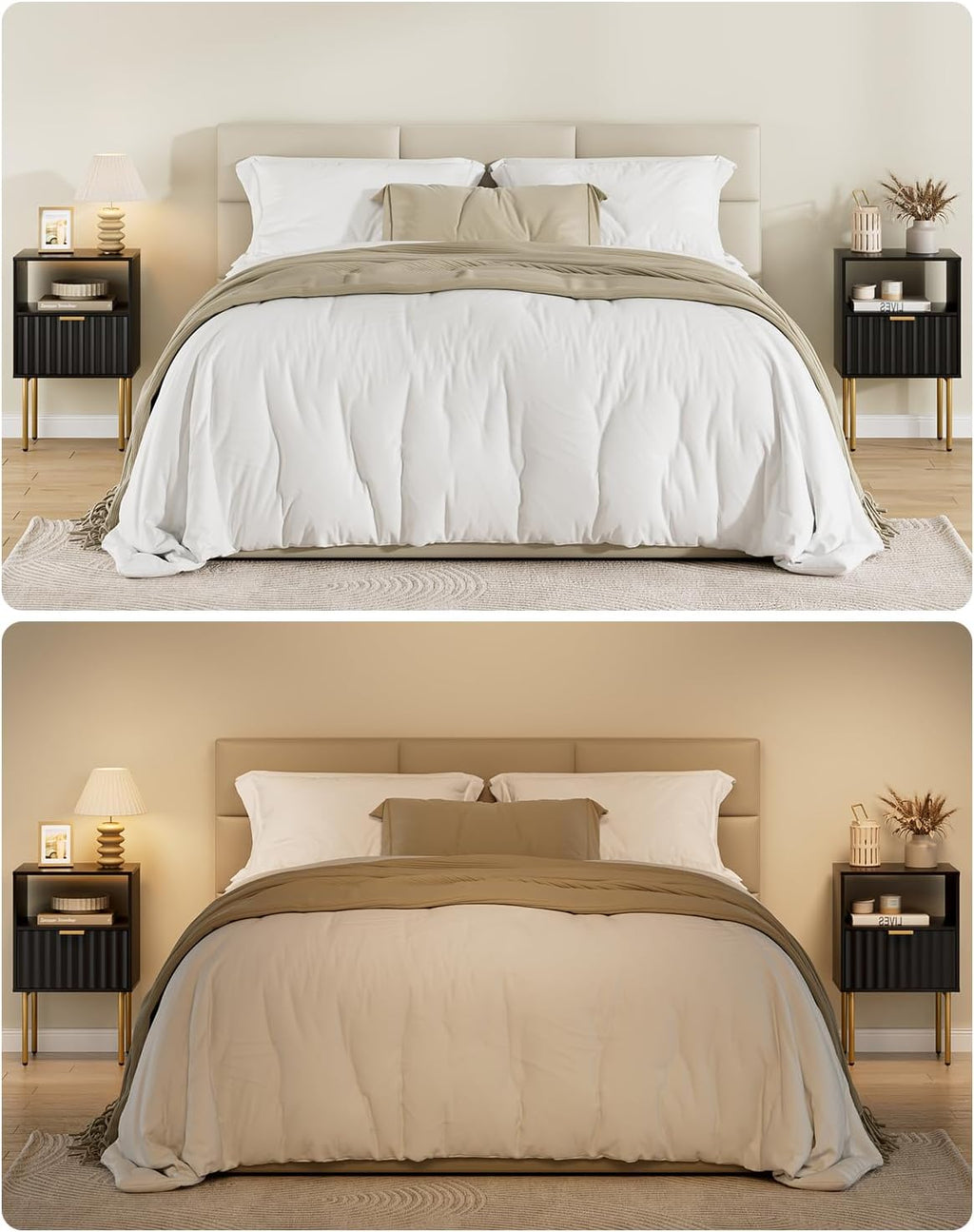 Nightstand,Modern Bedside Table with Gold Frame,White Night Stand,Bedside Furniture, Modern Side Table with Drawer and Shelf for Bedroom (Black)