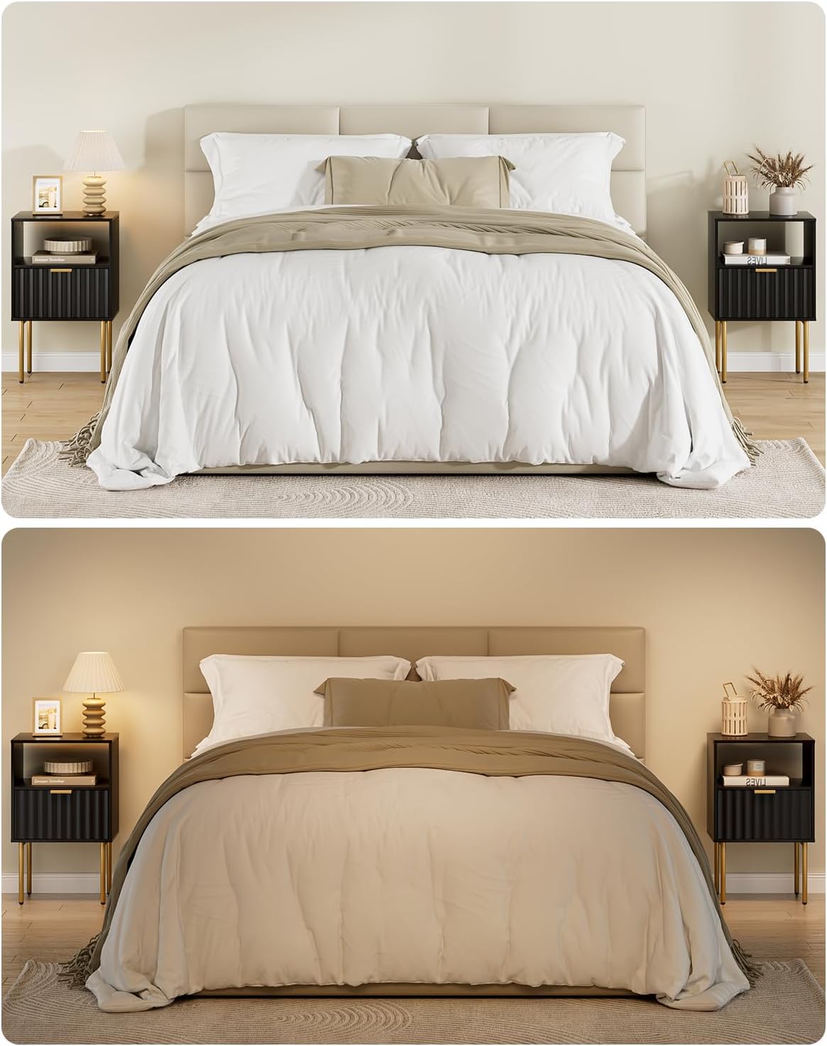 Nightstand,Modern Bedside Table with Gold Frame,White Night Stand,Bedside Furniture, Modern Side Table with Drawer and Shelf for Bedroom (Black)